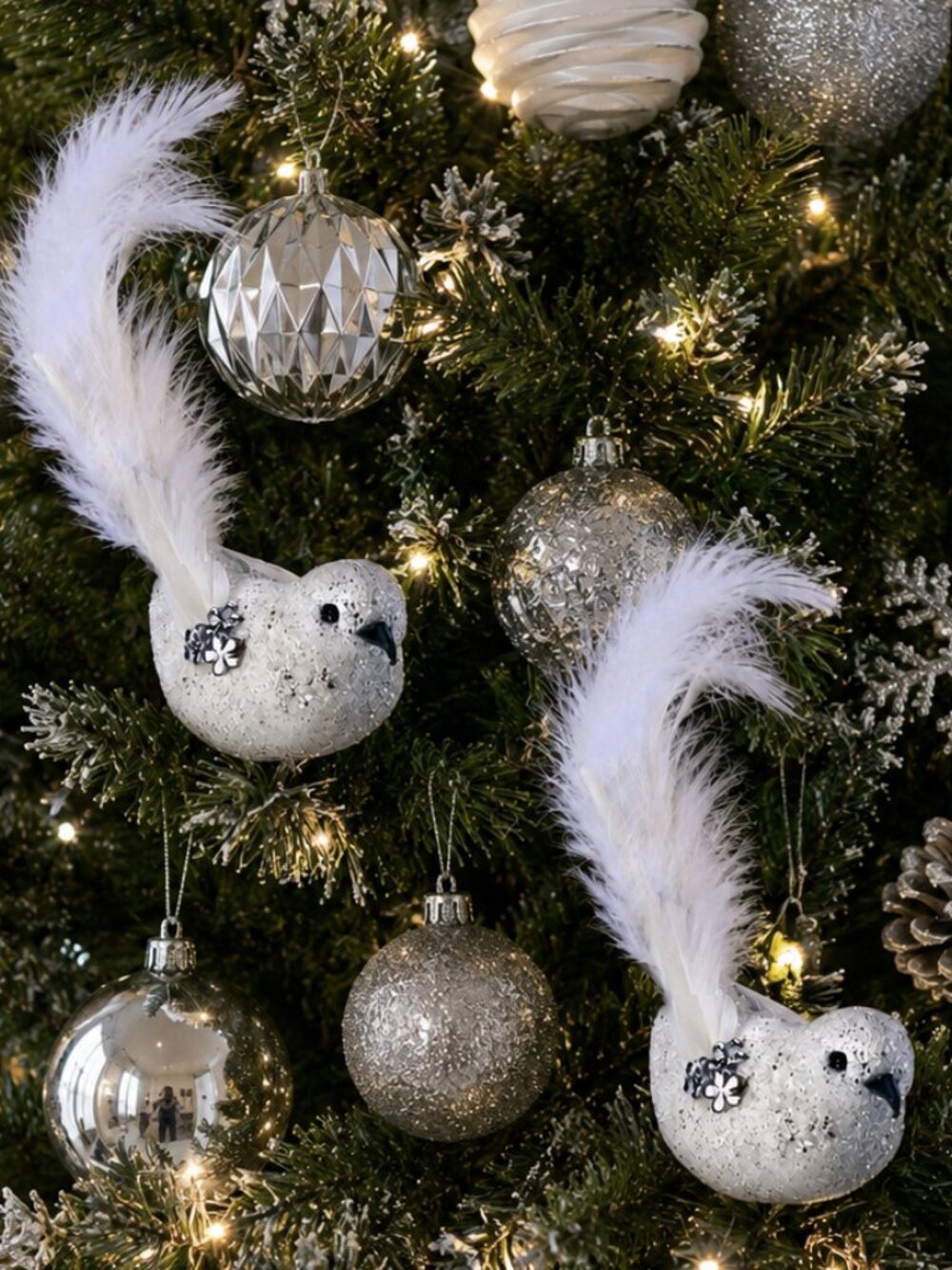 Set of 2 - 7" Jeweled & Glittered White Feathered Bird Christmas Ornaments